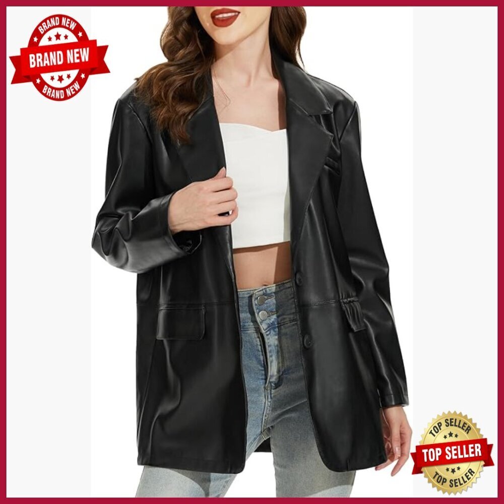 Oversized Faux Leather Moto Blazer Jacket, Vegan Pleather, Regular Fit